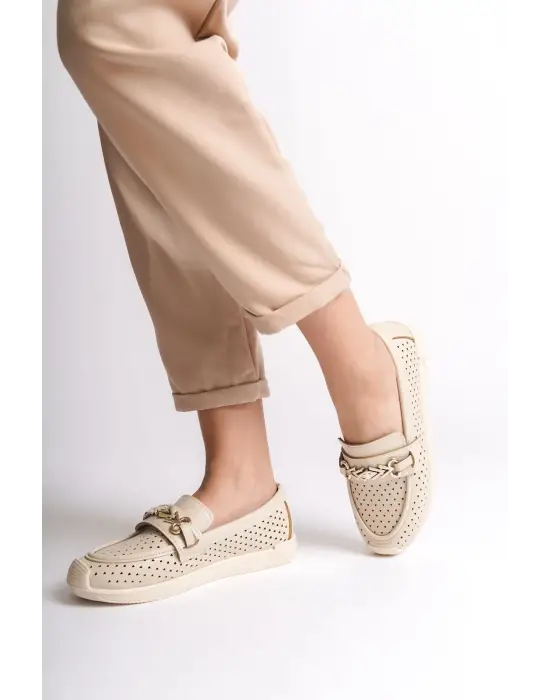 Lıly Bağcıksız Ortopedik Rahat Taban Kalp Desenli Kadın Babet Ayakkabı  Kt - Krem