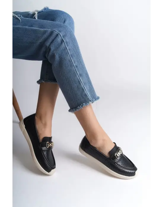 Lıly Bağcıksız Ortopedik Rahat Taban Kalp Desenli Kadın Babet Ayakkabı  Kt - Siyah