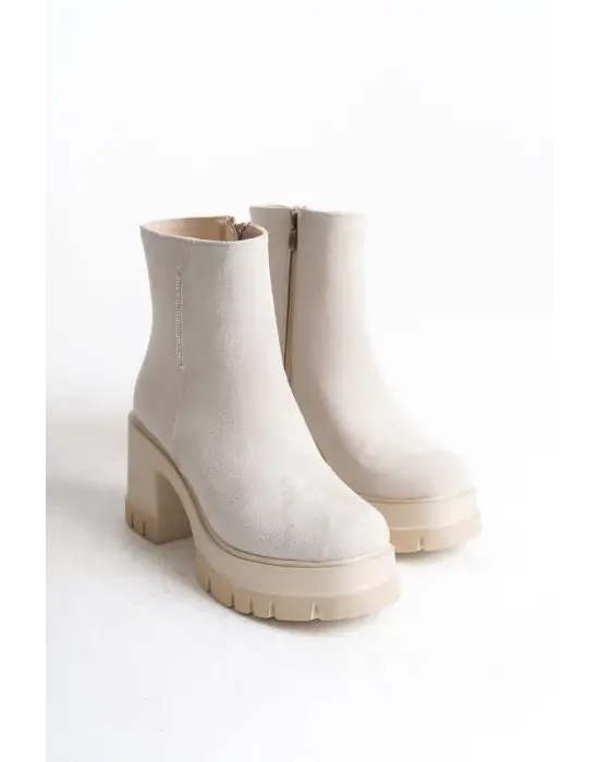 Lısse Fermuarlı Ortopedik Taban Kalın Topuklu Süet Kadın Bot  Kt-  Krem