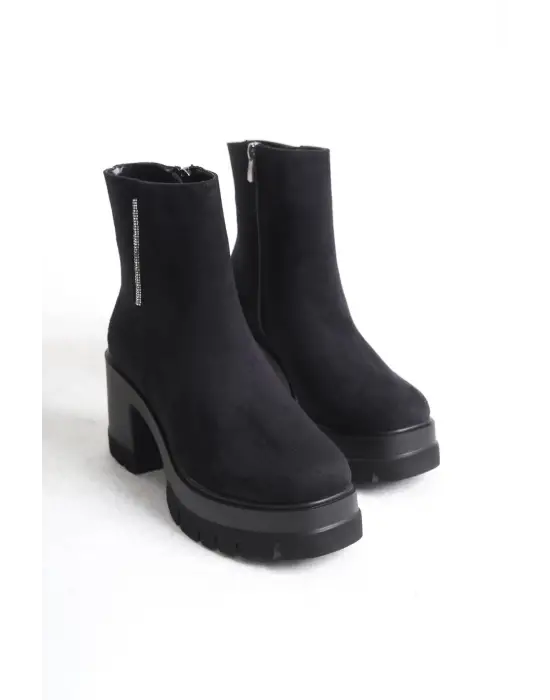 Lısse Fermuarlı Ortopedik Taban Kalın Topuklu Süet Kadın Bot St - Siyah