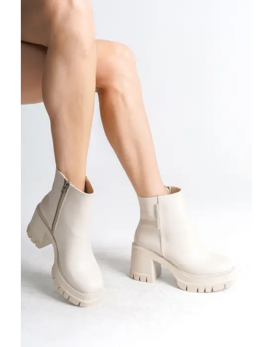Lısse Fermuarlı Ortopedik Taban Kalın Topuklu Kadın Bot Kt - Krem