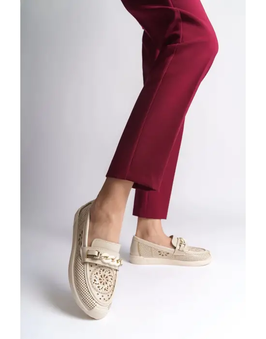 Lızy Bağcıksız Ortopedik Rahat Taban Çiçek Desenli Kadın Babet Ayakkabı  Kt - Krem