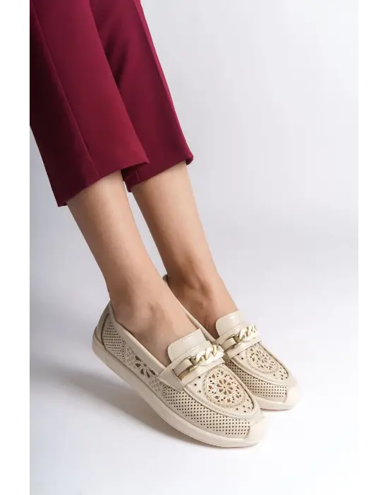 Lızy Bağcıksız Ortopedik Rahat Taban Çiçek Desenli Kadın Babet Ayakkabı  Kt - Krem