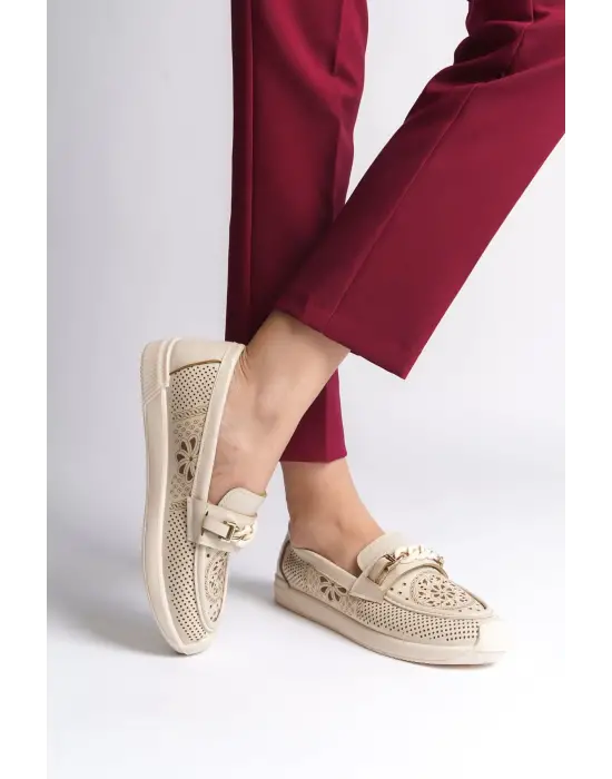 Lızy Bağcıksız Ortopedik Rahat Taban Çiçek Desenli Kadın Babet Ayakkabı  Kt - Krem