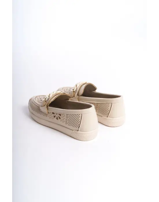 Lızy Bağcıksız Ortopedik Rahat Taban Çiçek Desenli Kadın Babet Ayakkabı  Kt - Krem