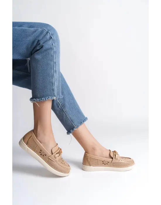 Lızy Bağcıksız Ortopedik Rahat Taban Çiçek Desenli Kadın Babet Ayakkabı Kt - Ten