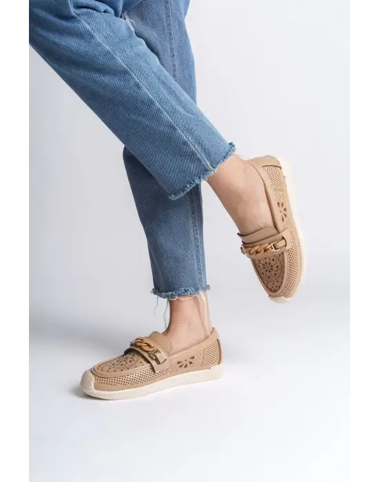 Lızy Bağcıksız Ortopedik Rahat Taban Çiçek Desenli Kadın Babet Ayakkabı Kt - Ten