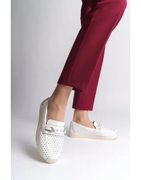 Lızy Bağcıksız Ortopedik Rahat Taban Kalp Desenli Kadın Babet Ayakkabı  Kt - Beyaz