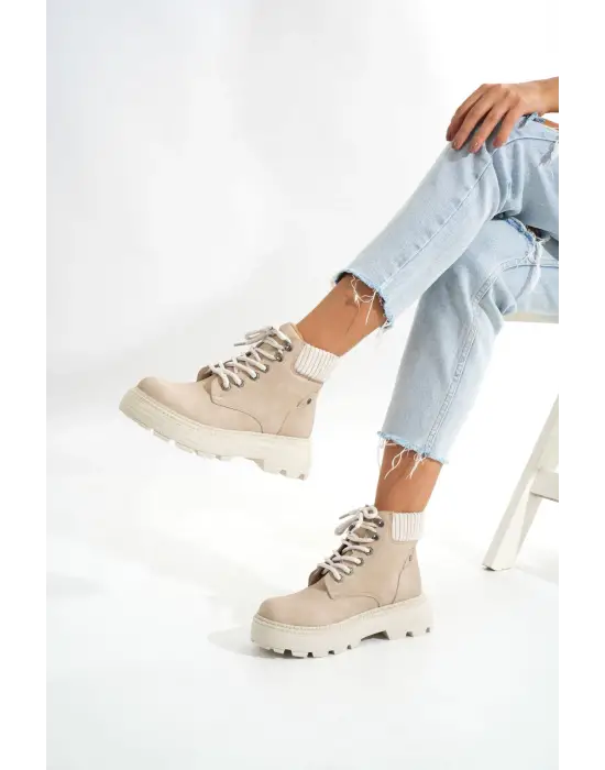 Bej Süet Bağcıklı Kalın Taban Kadın Günlük Bot
