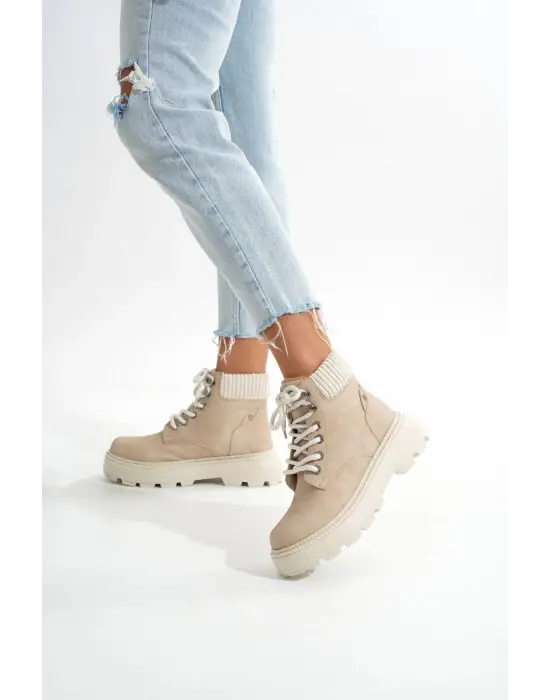 Bej Süet Bağcıklı Kalın Taban Kadın Günlük Bot
