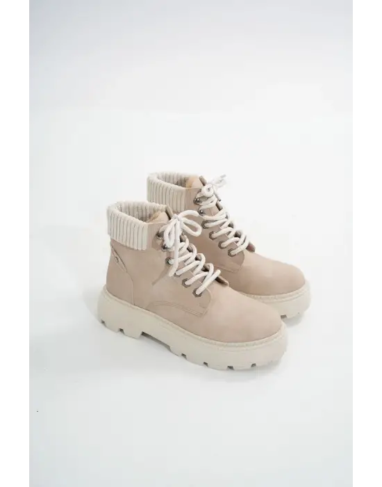 Bej Süet Bağcıklı Kalın Taban Kadın Günlük Bot