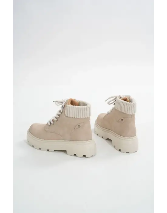Bej Süet Bağcıklı Kalın Taban Kadın Günlük Bot