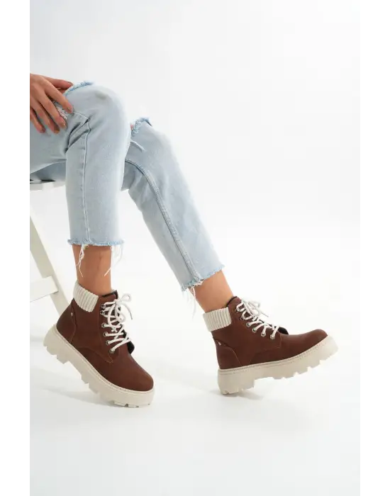 Kahverengi Süet Bağcıklı Kalın Taban Kadın Günlük Bot