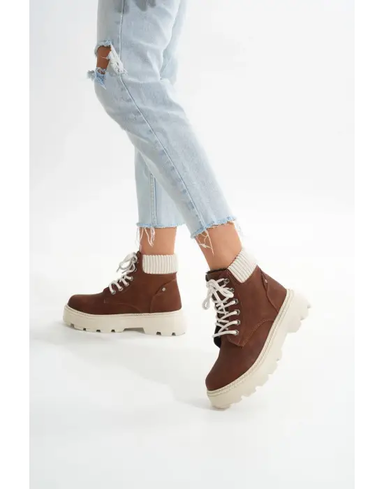 Kahverengi Süet Bağcıklı Kalın Taban Kadın Günlük Bot