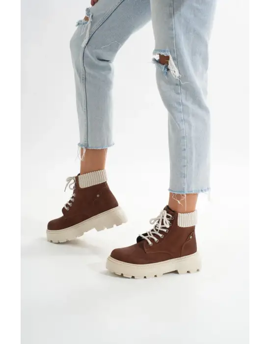 Kahverengi Süet Bağcıklı Kalın Taban Kadın Günlük Bot