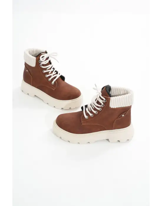 Kahverengi Süet Bağcıklı Kalın Taban Kadın Günlük Bot