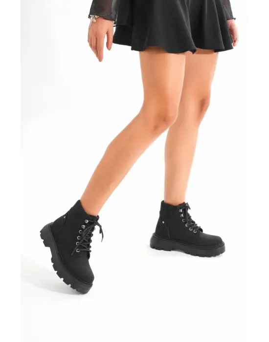 Kömür Siyahı Bağcıklı Kalın Taban Kadın Günlük Bot