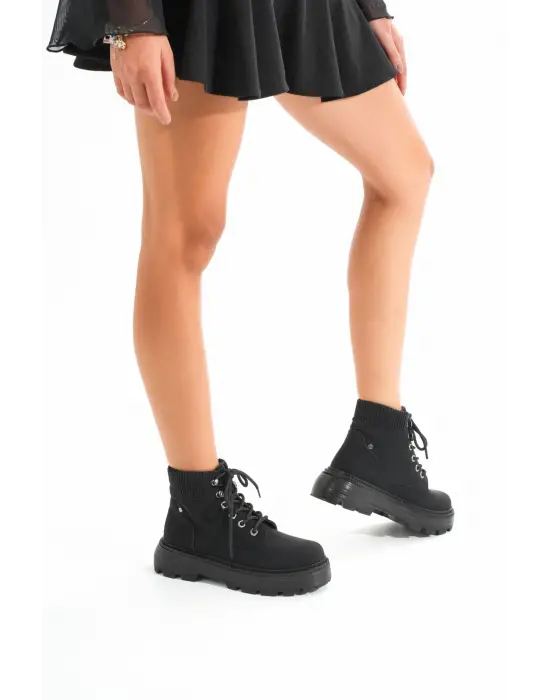 Kömür Siyahı Bağcıklı Kalın Taban Kadın Günlük Bot