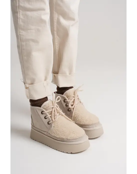 Loana Kadın Kürklü Bej Kışlık Kalın Tabanlı Bot