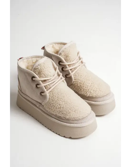 Loana Kadın Kürklü Bej Kışlık Kalın Tabanlı Bot