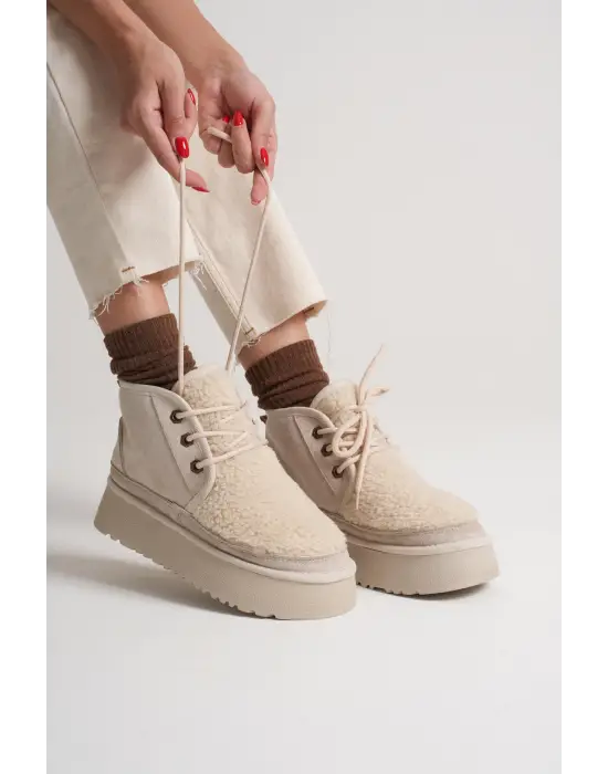 Loana Kadın Kürklü Bej Kışlık Kalın Tabanlı Bot