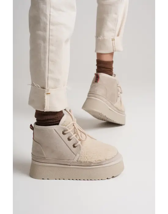 Loana Kadın Kürklü Bej Kışlık Kalın Tabanlı Bot