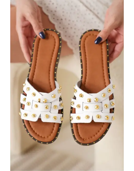 Loose Beyaz Hakiki Deri Terlik