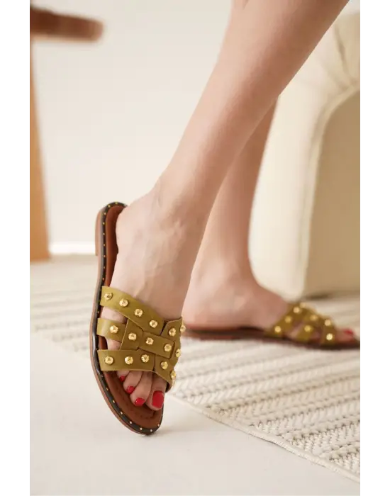 Loose Haki Yeşili Hakiki Deri Terlik