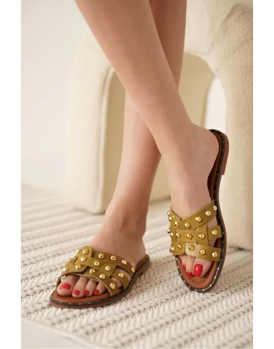 Loose Haki Yeşili Hakiki Deri Terlik