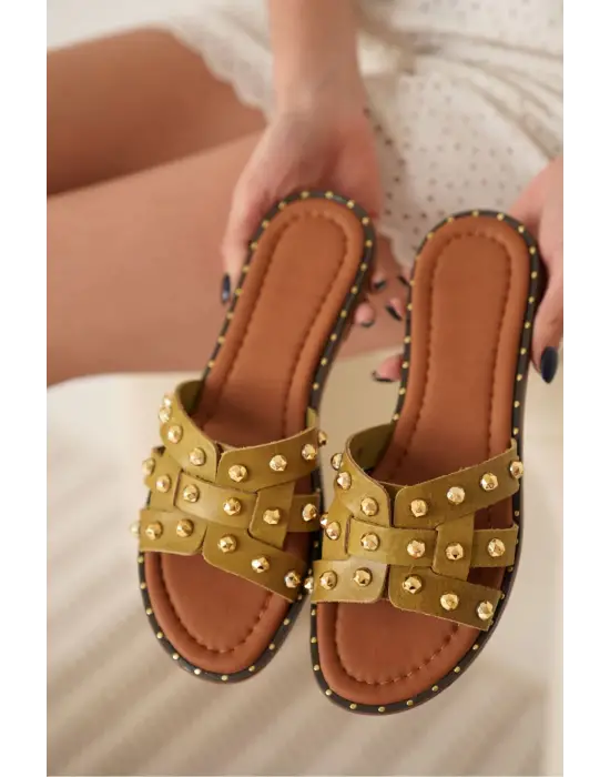 Loose Haki Yeşili Hakiki Deri Terlik