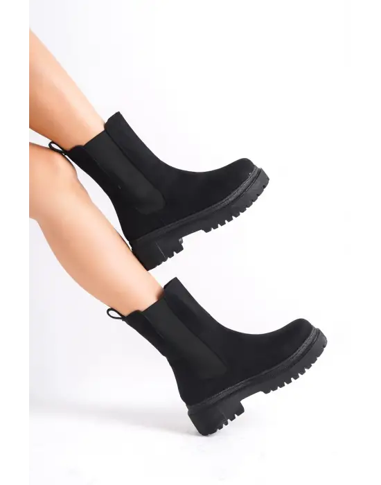 Lora Bağcıksız Lastikli Süet Ortopedik Taban Kadın Bot St - Siyah