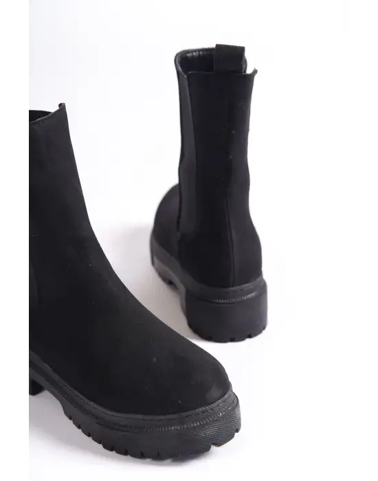 Lora Bağcıksız Lastikli Süet Ortopedik Taban Kadın Bot St - Siyah