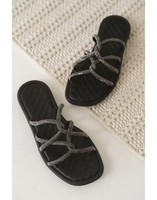 Loren Siyah Kadın Taşlı Terlik