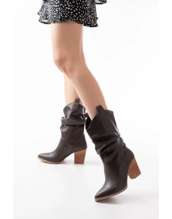 Kahverengi Körüklü Kalın Topuklu Günlük Kadın Bot