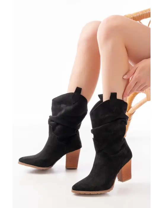 Siyah Süet Körüklü Kalın Topuklu Günlük Kadın Bot