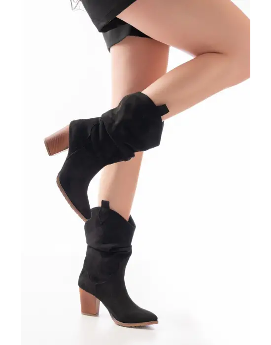 Siyah Süet Körüklü Kalın Topuklu Günlük Kadın Bot