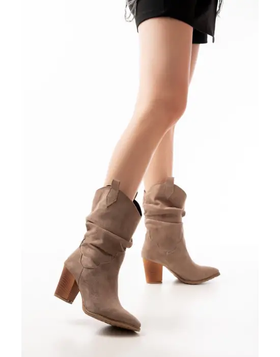 Vizon Süet Körüklü Kalın Topuklu Günlük Kadın Bot