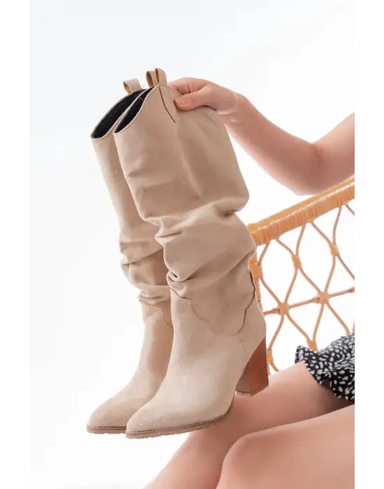 Bej Süet Günlük Kadın Çizme