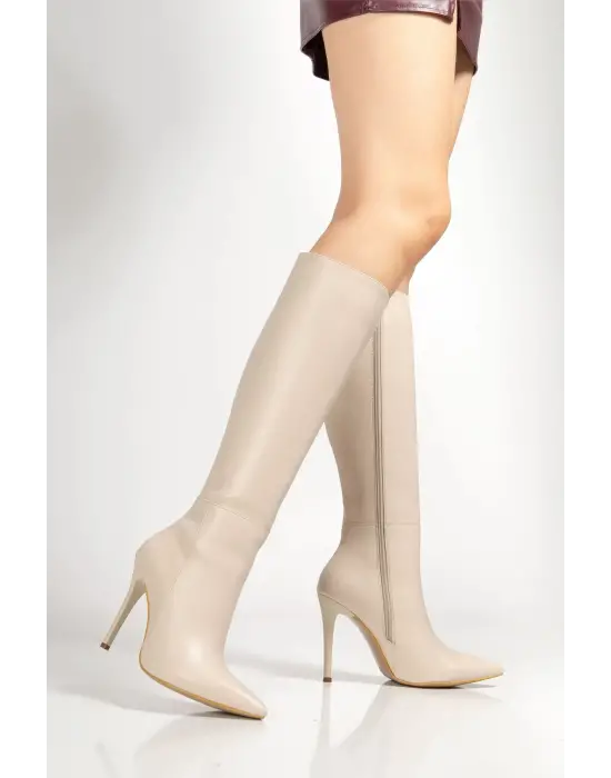 Ls-226 Bej Cilt Fermuarlı Lastikli İnce Yüksek Topuklu Kadın Çizme
