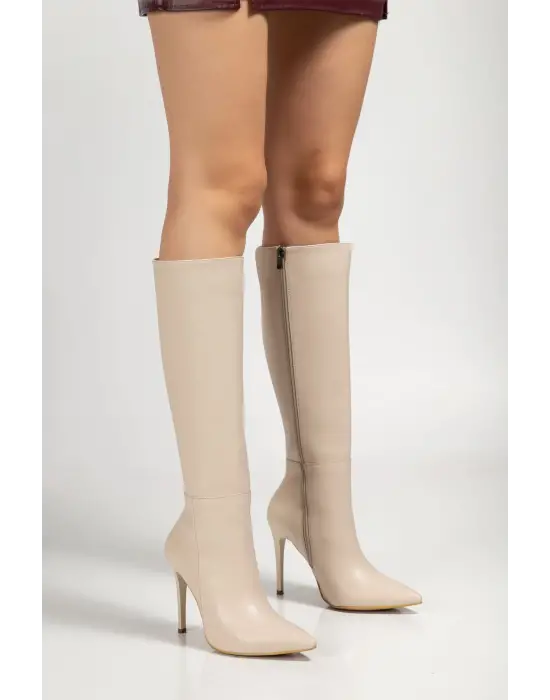 Ls-226 Bej Cilt Fermuarlı Lastikli İnce Yüksek Topuklu Kadın Çizme