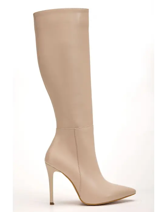 Ls-226 Bej Cilt Fermuarlı Lastikli İnce Yüksek Topuklu Kadın Çizme