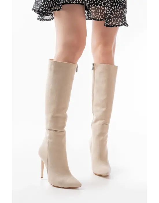 Ls-226 Bej Süet Fermuarlı Lastikli İnce Yüksek Topuklu Kadın Çizme