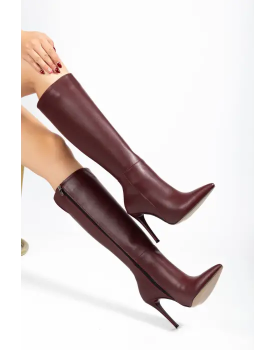Ls-226 Bordo Cilt Fermuarlı Lastikli İnce Yüksek Topuklu Kadın Çizme