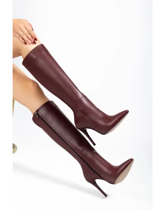 Ls-226 Bordo Cilt Fermuarlı Lastikli İnce Yüksek Topuklu Kadın Çizme