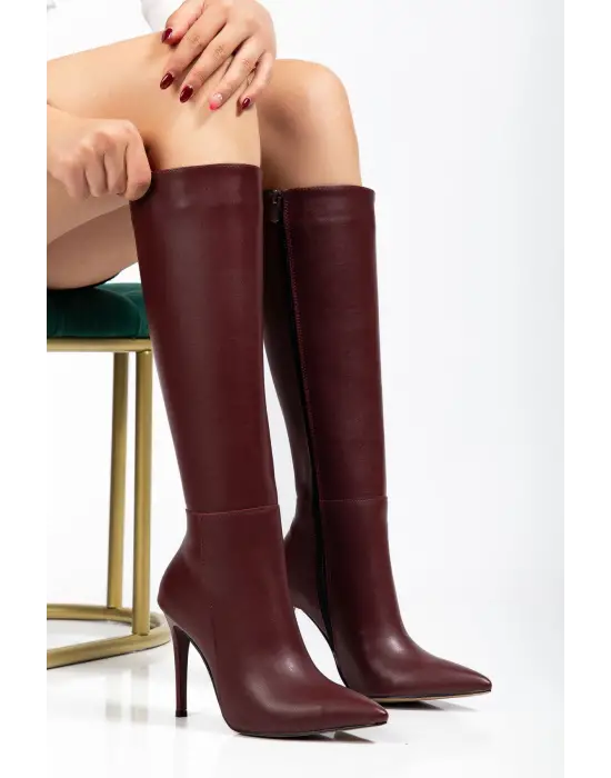 Ls-226 Bordo Cilt Fermuarlı Lastikli İnce Yüksek Topuklu Kadın Çizme