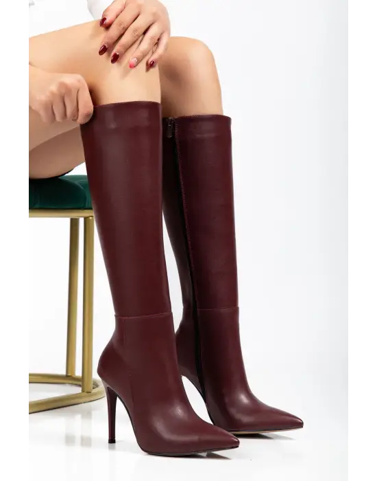 Ls-226 Bordo Cilt Fermuarlı Lastikli İnce Yüksek Topuklu Kadın Çizme