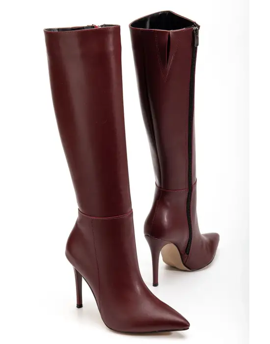 Ls-226 Bordo Cilt Fermuarlı Lastikli İnce Yüksek Topuklu Kadın Çizme