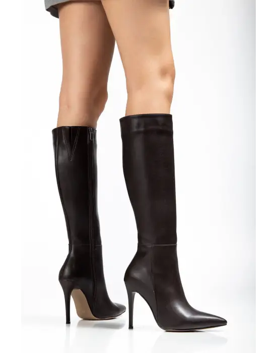 Ls-226 Kahve Cilt Fermuarlı Lastikli İnce Yüksek Topuklu Kadın Çizme