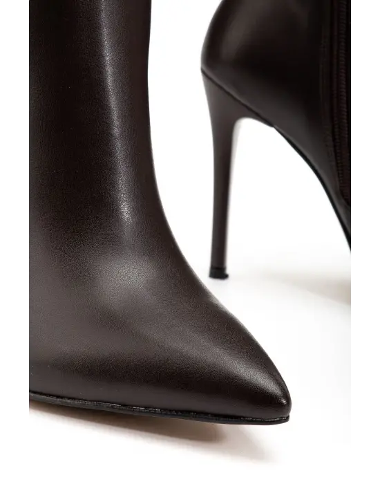 Ls-226 Kahve Cilt Fermuarlı Lastikli İnce Yüksek Topuklu Kadın Çizme