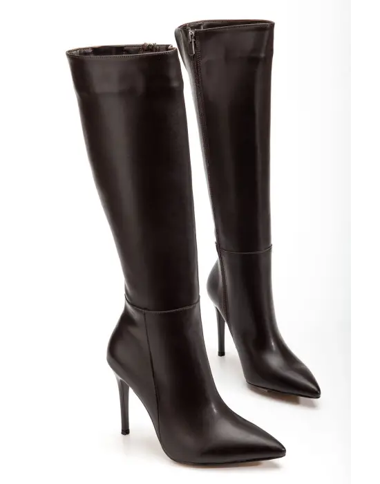 Ls-226 Kahve Cilt Fermuarlı Lastikli İnce Yüksek Topuklu Kadın Çizme